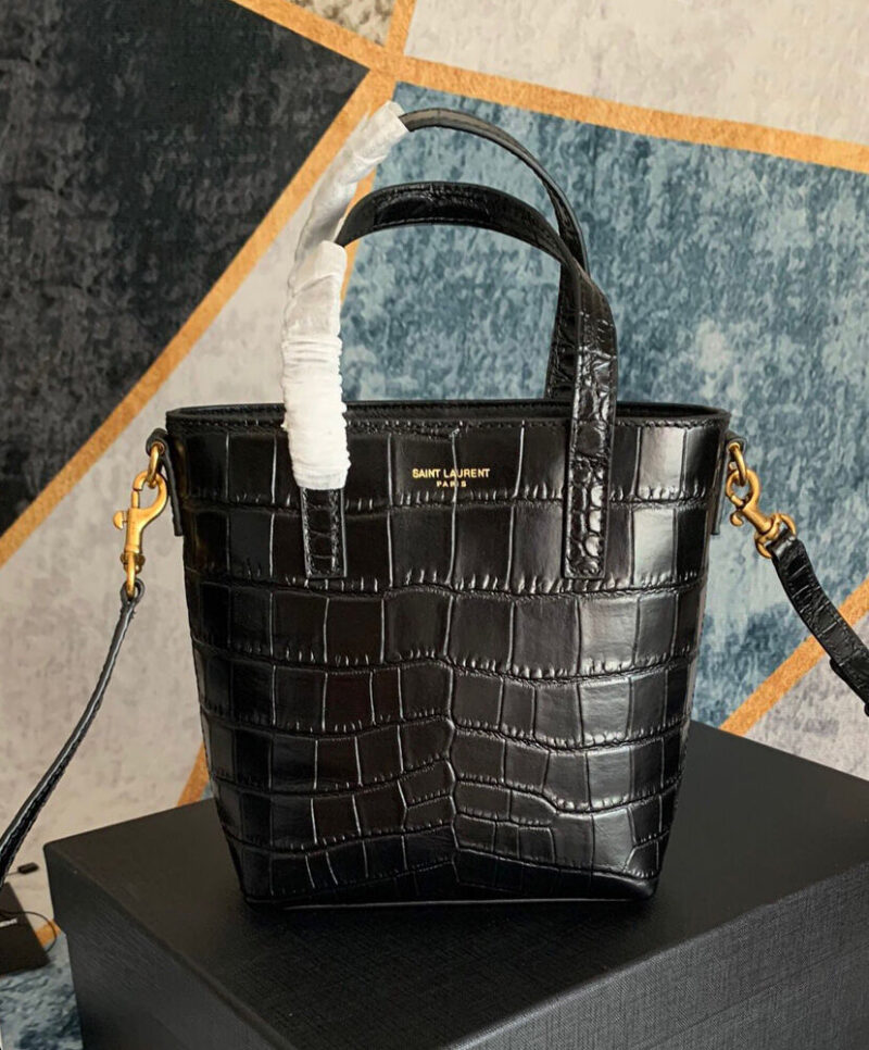 Saint Laurent Paris Mini Toy Shopping In Crocodile-Embossed Leather Black